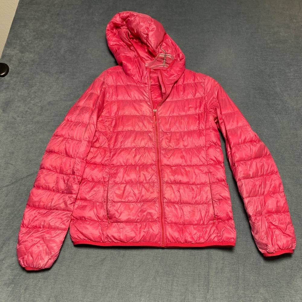 Uniqlo Ultra Light Down Jacket Womens Medium Pink Lightweight Hooded Full Zip
